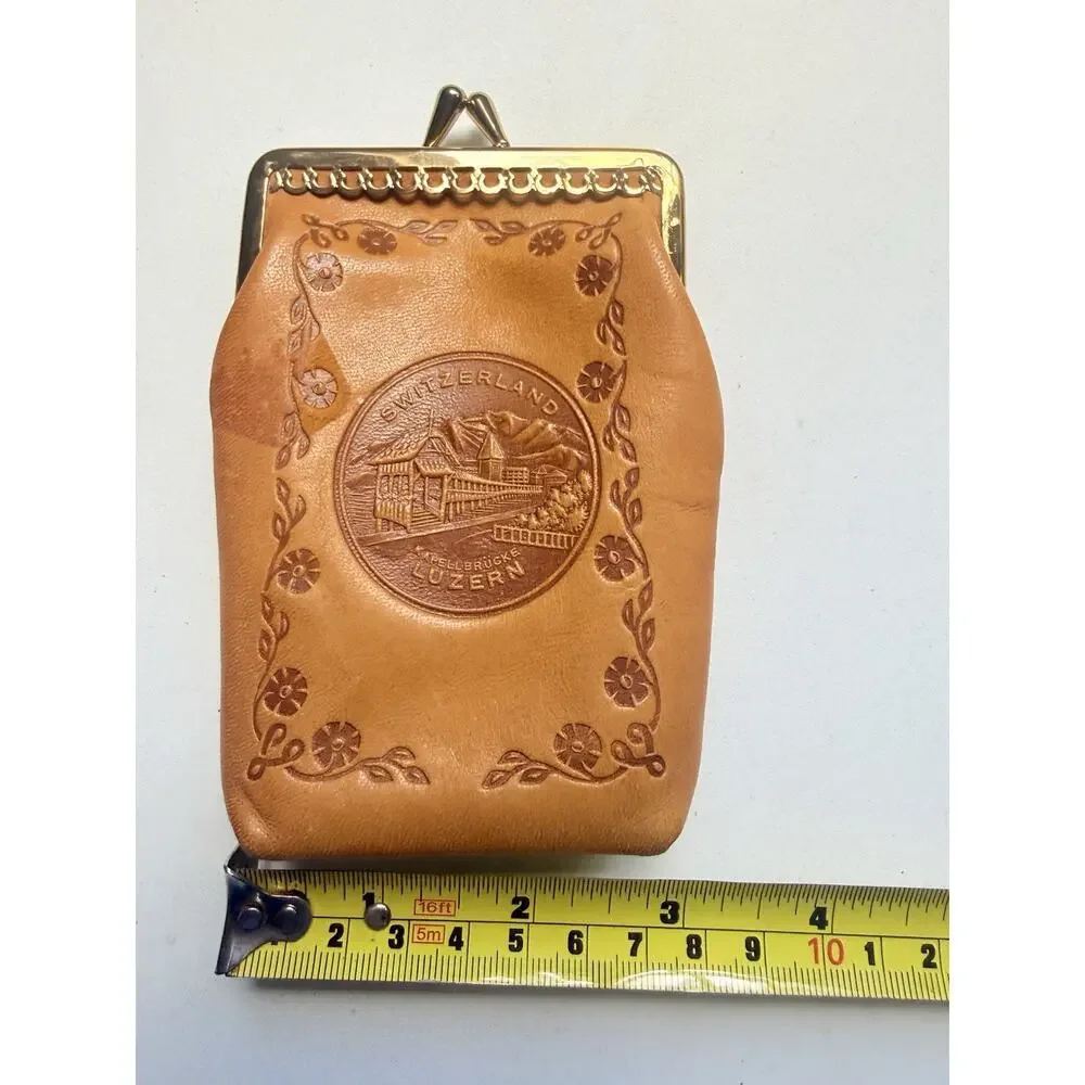 Vintage Leather Tobacco Pouch Cigarette Case Coin Purse Tooled Kiss Lock Swiss